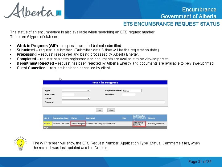 Encumbrance Government of Alberta ETS ENCUMBRANCE REQUEST STATUS The status of an encumbrance is