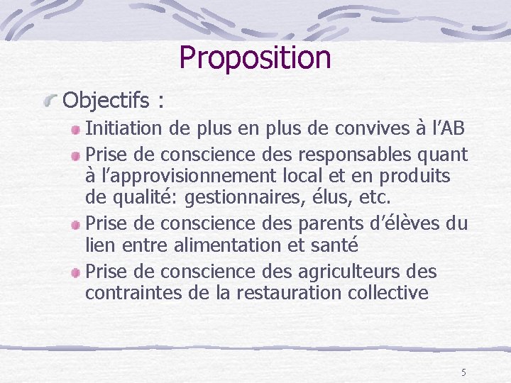 Proposition Objectifs : Initiation de plus en plus de convives à l’AB Prise de