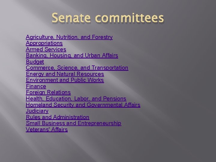 Senate committees Agriculture, Nutrition, and Forestry Appropriations Armed Services Banking, Housing, and Urban Affairs