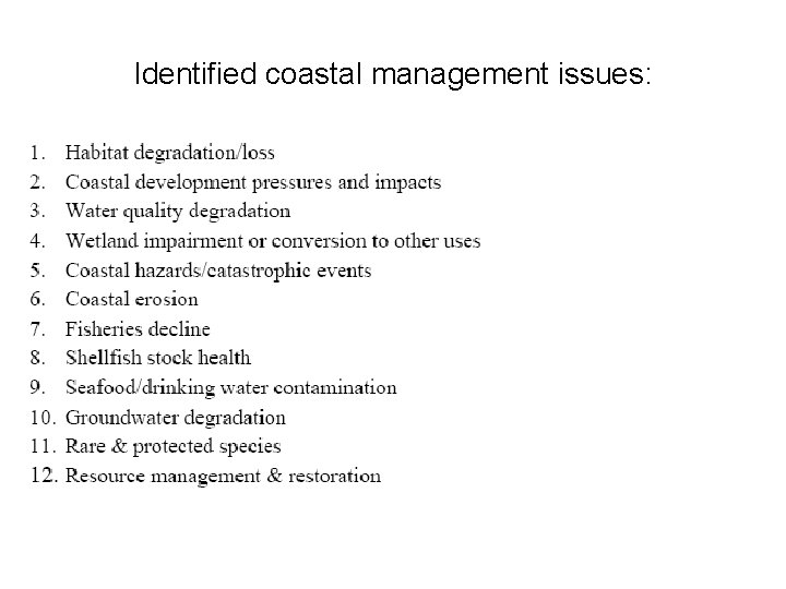 Identified coastal management issues: 