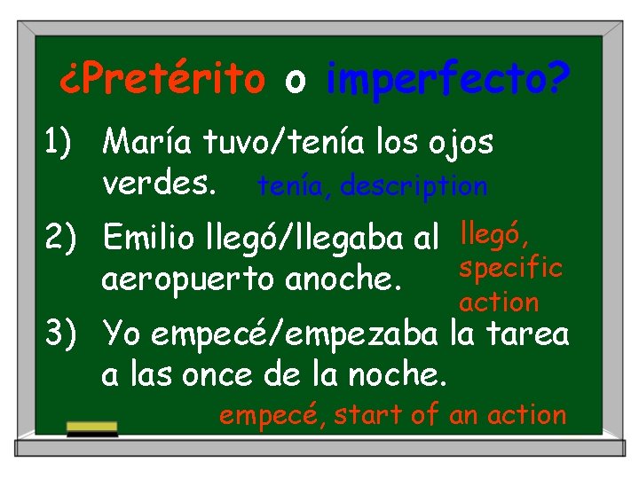 ¿Pretérito o imperfecto? 1) María tuvo/tenía los ojos verdes. tenía, description 2) Emilio llegó/llegaba