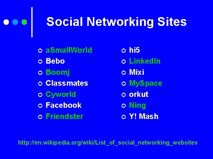 Social Networking Sites ¢ ¢ ¢ ¢ a. Small. World Bebo Boomj Classmates Cyworld