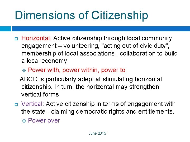 Dimensions of Citizenship Horizontal: Active citizenship through local community engagement – volunteering, “acting out