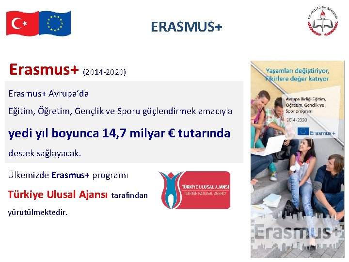 ERASMUS+ Erasmus+ (2014 -2020) Erasmus+ Avrupa’da Eğitim, Öğretim, Gençlik ve Sporu güçlendirmek amacıyla yedi