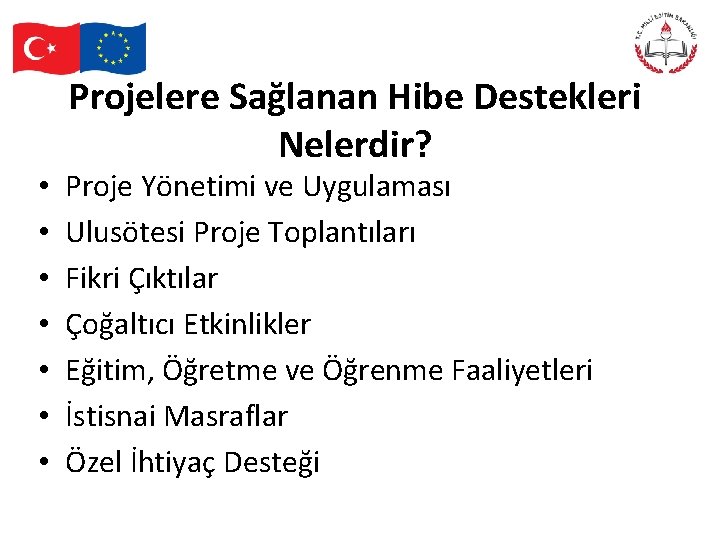  • • Projelere Sağlanan Hibe Destekleri Nelerdir? Proje Yönetimi ve Uygulaması Ulusötesi Proje