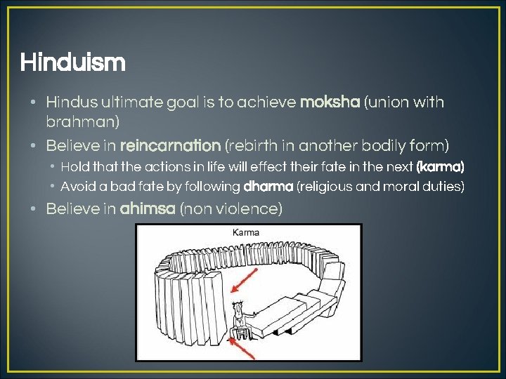 Hinduism • Hindus ultimate goal is to achieve moksha (union with brahman) • Believe