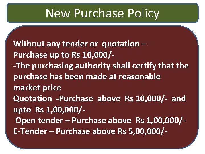 New Purchase Policy Without any tender or quotation – Purchase up to Rs 10,