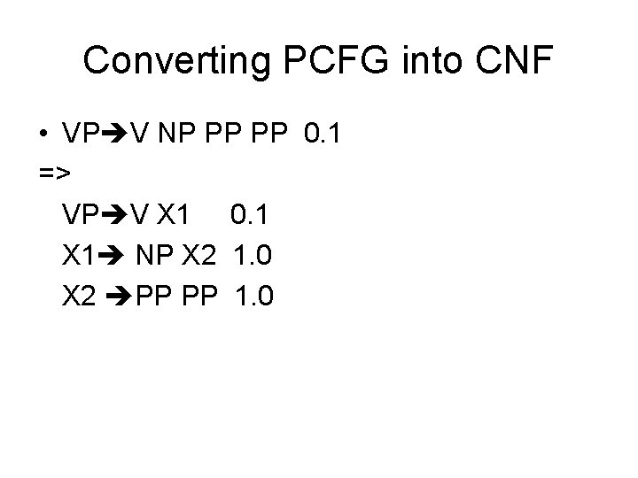 Converting PCFG into CNF • VP V NP PP PP 0. 1 => VP