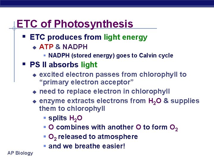 ETC of Photosynthesis § ETC produces from light energy u ATP & NADPH §