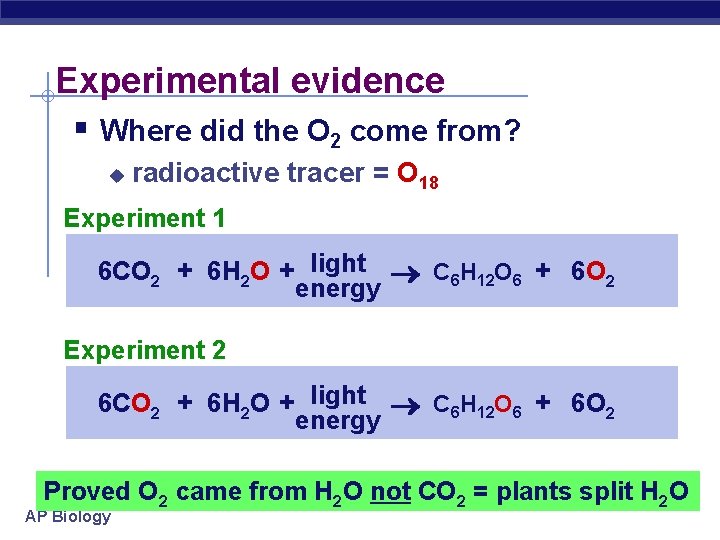 Experimental evidence § Where did the O 2 come from? u radioactive tracer =