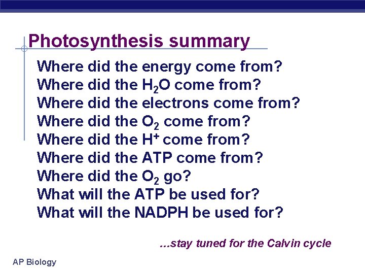 Photosynthesis summary Where did the energy come from? Where did the H 2 O