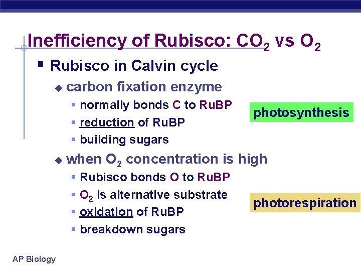 Inefficiency of Rubisco: CO 2 vs O 2 § Rubisco in Calvin cycle u