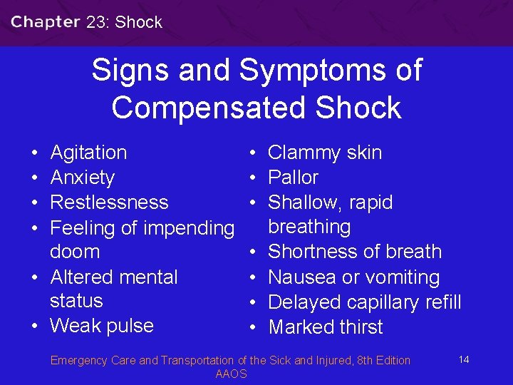 23: Shock Signs and Symptoms of Compensated Shock • • Agitation Anxiety Restlessness Feeling