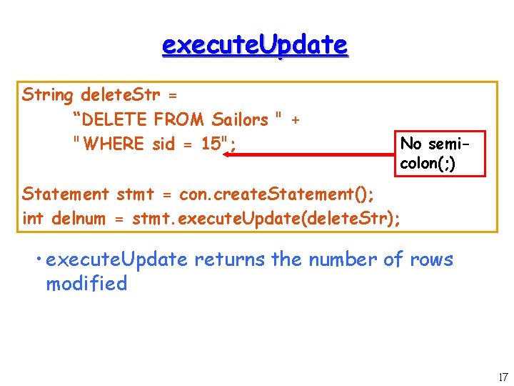 execute. Update String delete. Str = “DELETE FROM Sailors " + "WHERE sid =