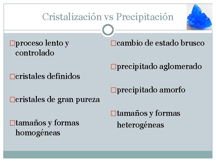 Cristalización vs Precipitación �proceso lento y �cambio de estado brusco controlado �precipitado aglomerado �cristales