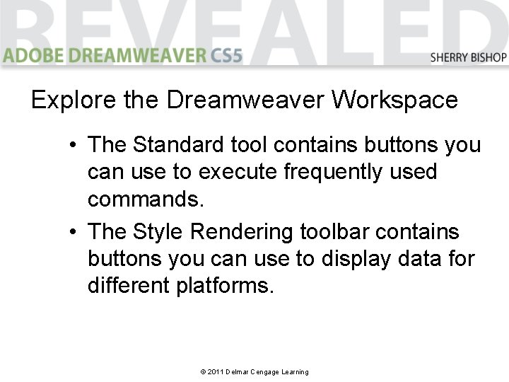 Explore the Dreamweaver Workspace • The Standard tool contains buttons you can use to