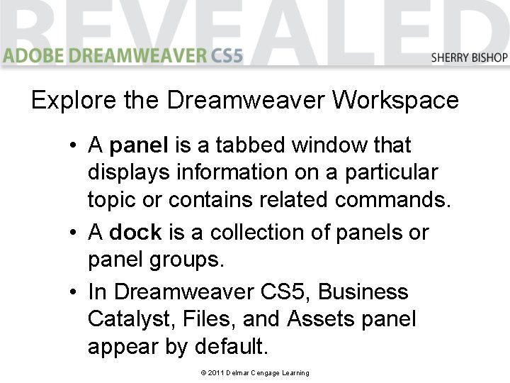 Explore the Dreamweaver Workspace • A panel is a tabbed window that displays information