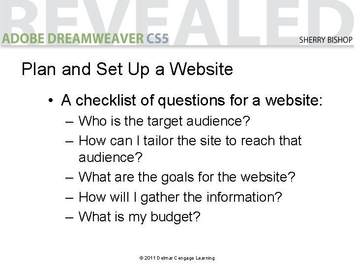 Plan and Set Up a Website • A checklist of questions for a website: