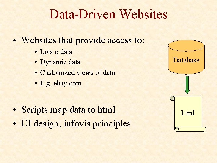 Data-Driven Websites • Websites that provide access to: • • Lots o data Dynamic