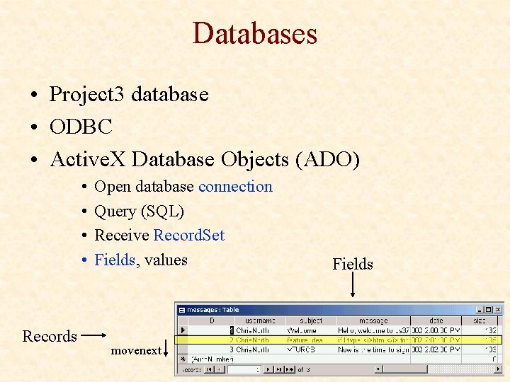 Databases • Project 3 database • ODBC • Active. X Database Objects (ADO) •