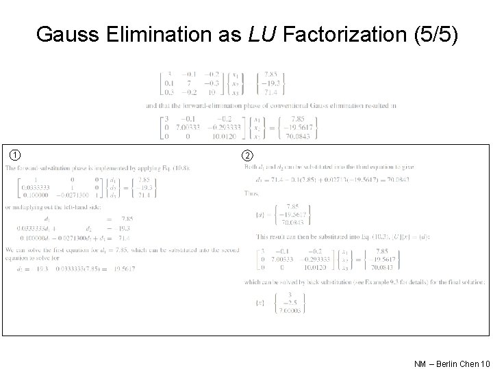 Gauss Elimination as LU Factorization (5/5) 1 2 NM – Berlin Chen 10 