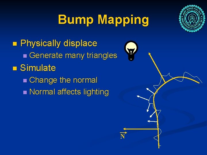 Bump Mapping n Physically displace n n Generate many triangles Simulate Change the normal