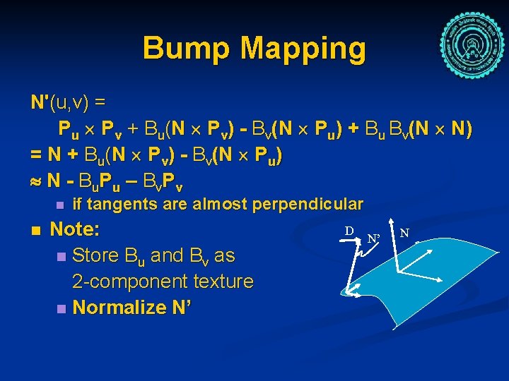 Bump Mapping N'(u, v) = Pu Pv + Bu(N Pv) - Bv(N Pu) +