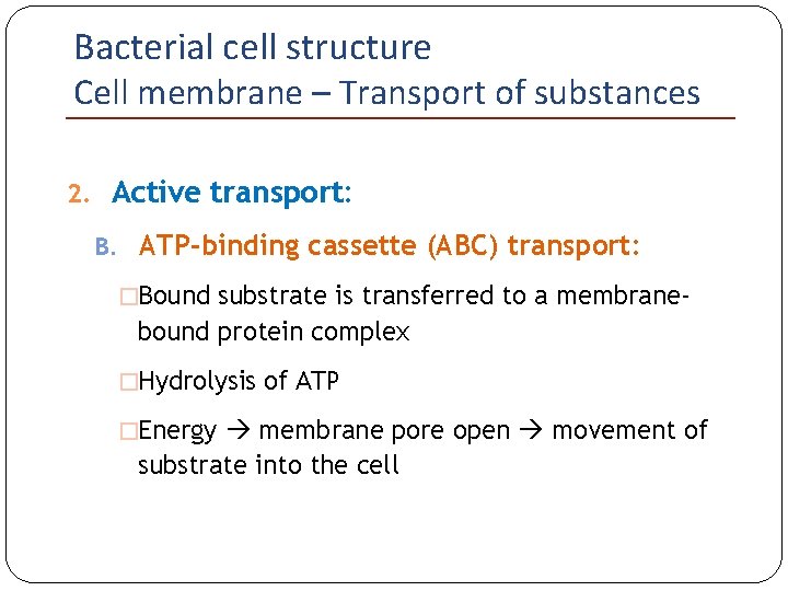 Bacterial cell structure Cell membrane – Transport of substances 2. Active transport: B. ATP-binding