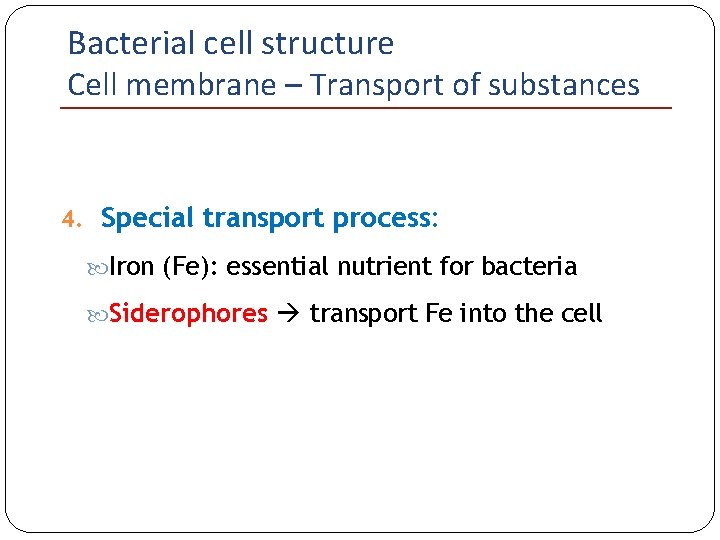 Bacterial cell structure Cell membrane – Transport of substances 4. Special transport process: Iron