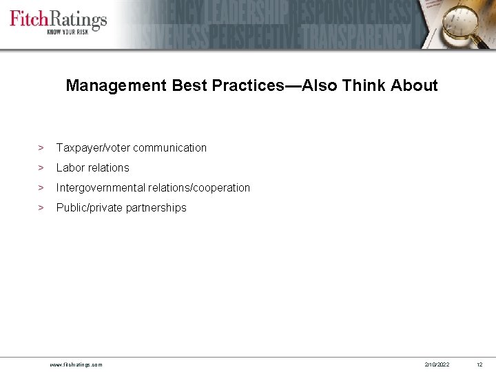 Management Best Practices—Also Think About > Taxpayer/voter communication > Labor relations > Intergovernmental relations/cooperation