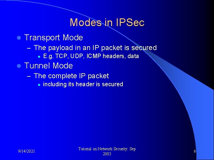 Modes in IPSec l Transport Mode – The payload in an IP packet is