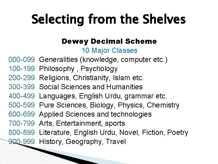 Selecting from the Shelves 000 -099 100 -199 200 -299 300 -399 400 -499