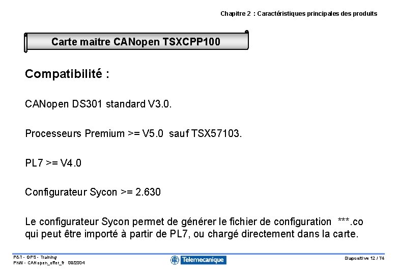 Chapitre 2 : Caractéristiques principales des produits Carte maître CANopen TSXCPP 100 Compatibilité :