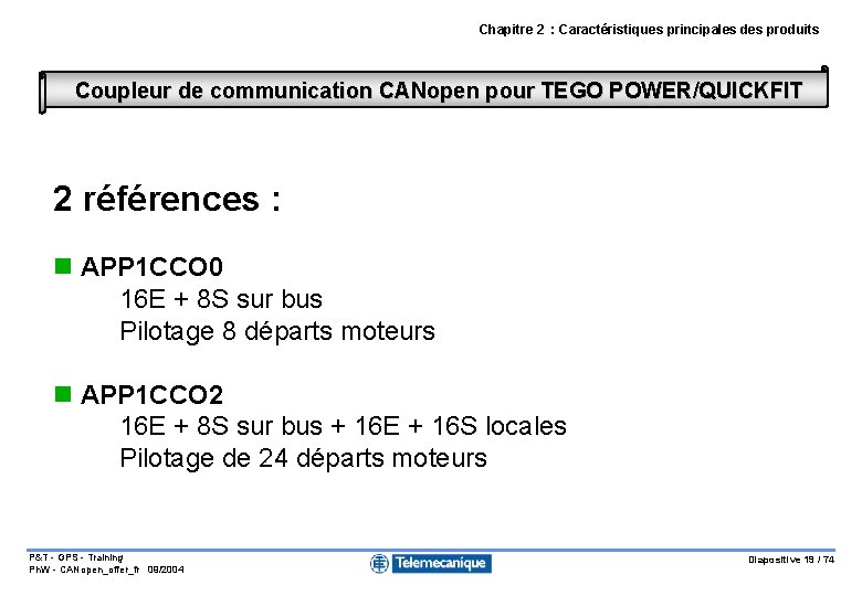 Chapitre 2 : Caractéristiques principales des produits Coupleur de communication CANopen pour TEGO POWER/QUICKFIT