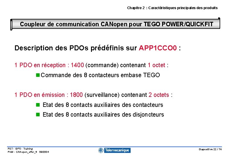 Chapitre 2 : Caractéristiques principales des produits Coupleur de communication CANopen pour TEGO POWER/QUICKFIT