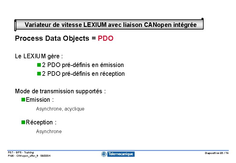 Variateur de vitesse LEXIUM avec liaison CANopen intégrée Process Data Objects = PDO Le