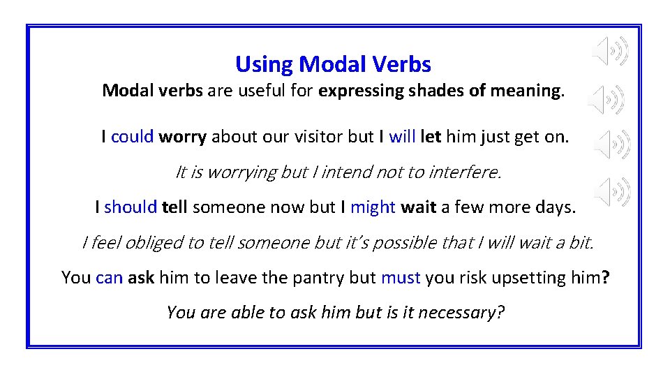 Using Modal Verbs Modal verbs are useful for expressing shades of meaning. I could