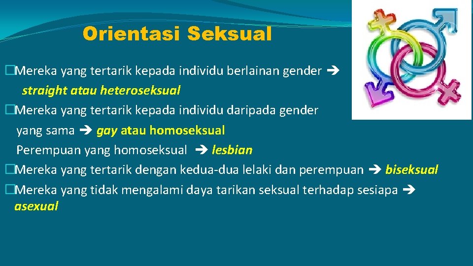 Orientasi Seksual �Mereka yang tertarik kepada individu berlainan gender straight atau heteroseksual �Mereka yang