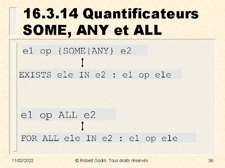 16. 3. 14 Quantificateurs SOME, ANY et ALL 11/02/2022 © Robert Godin. Tous droits