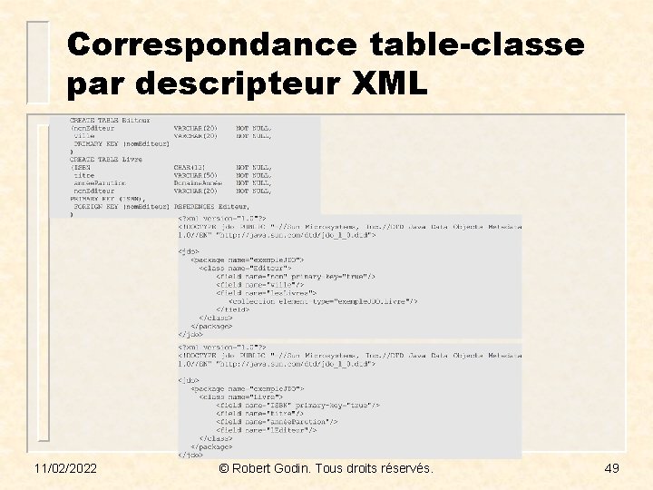 Correspondance table-classe par descripteur XML 11/02/2022 © Robert Godin. Tous droits réservés. 49 