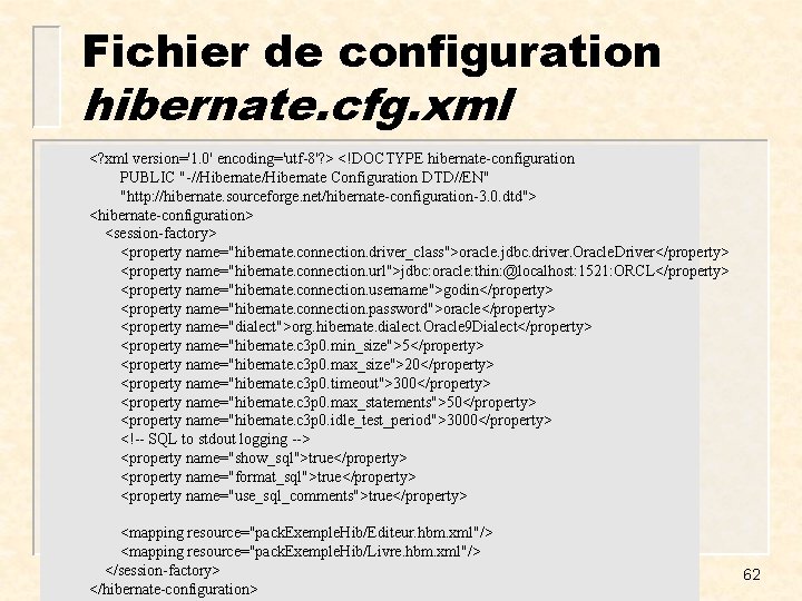 Fichier de configuration hibernate. cfg. xml <? xml version='1. 0' encoding='utf-8'? > <!DOCTYPE hibernate-configuration