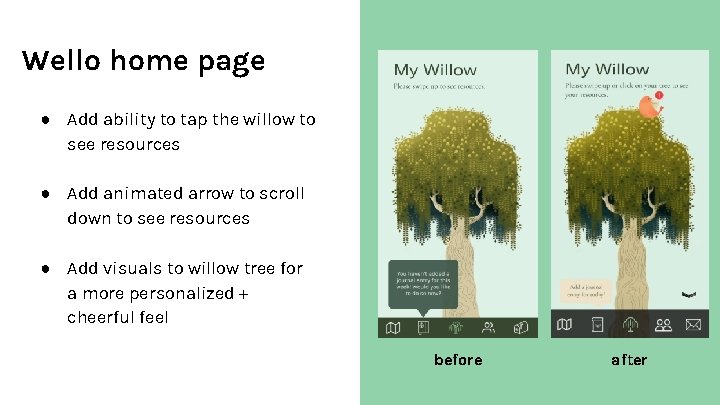 Wello home page ● Add ability to tap the willow to see resources ●