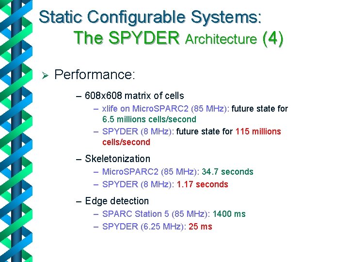 Static Configurable Systems: The SPYDER Architecture (4) Ø Performance: – 608 x 608 matrix