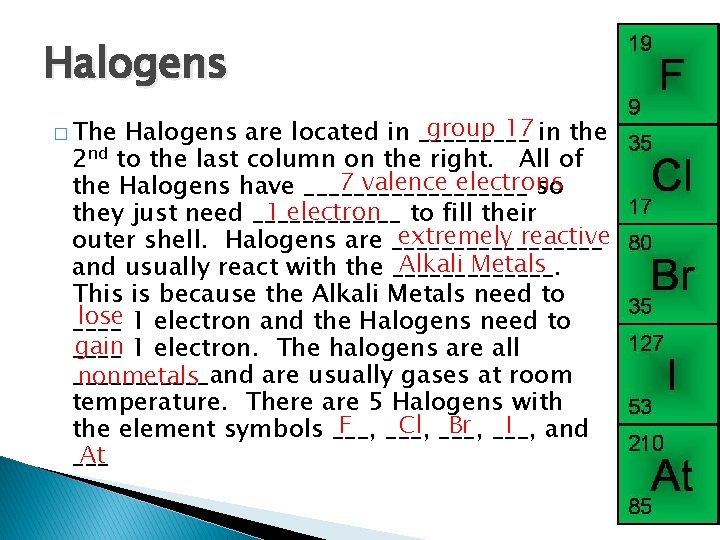 Halogens group 17 in the Halogens are located in _____ 2 nd to the
