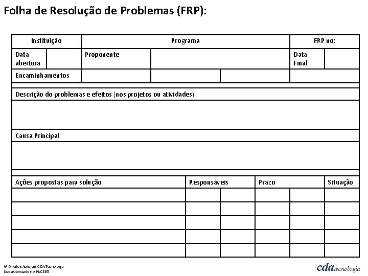 Folha de Resolução de Problemas (FRP): Instituição Data abertura Programa FRP no: Proponente Data