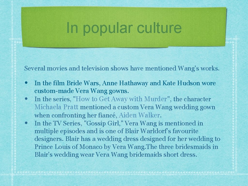 In popular culture Several movies and television shows have mentioned Wang's works. • •