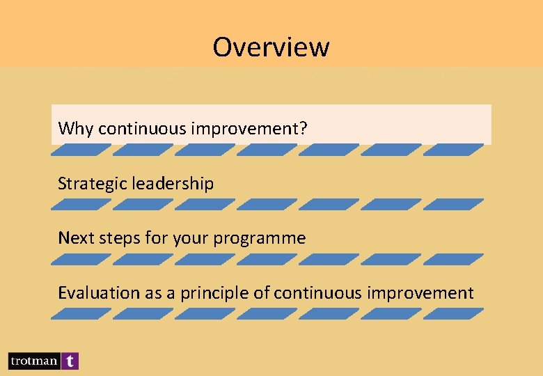 Overview Why continuous improvement? Strategic leadership Next steps for your programme Evaluation as a