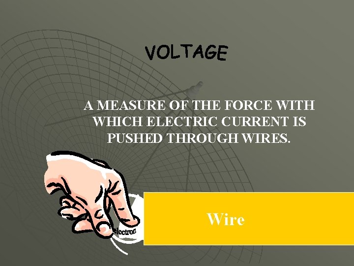 A MEASURE OF THE FORCE WITH WHICH ELECTRIC CURRENT IS PUSHED THROUGH WIRES. Wire