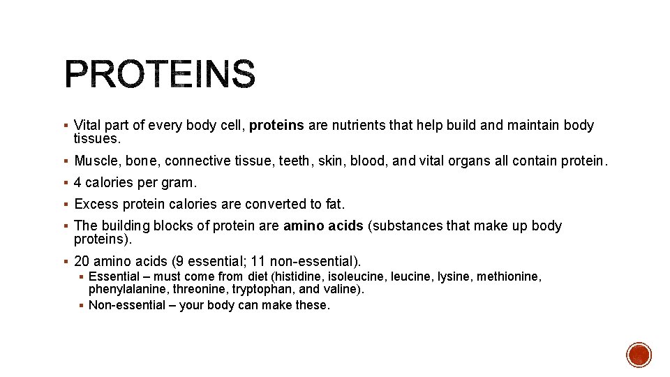 § Vital part of every body cell, proteins are nutrients that help build and