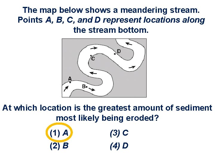 The map below shows a meandering stream. Points A, B, C, and D represent